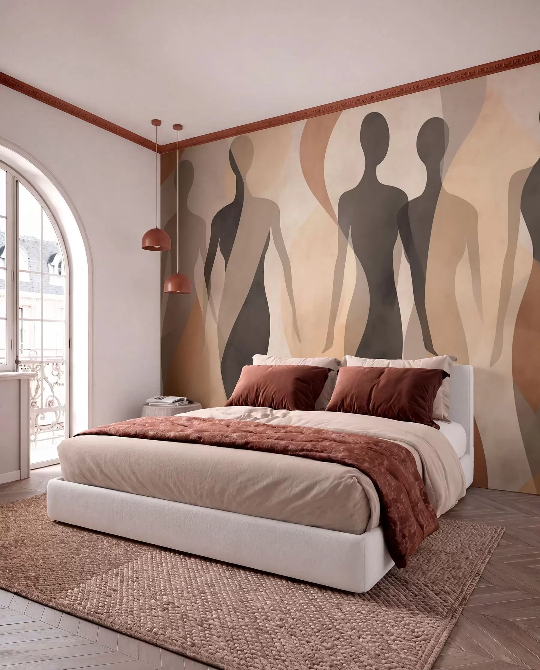 murales de pared Siluetas y suaves ondas en cálidos tonos beige grisáceos w04787