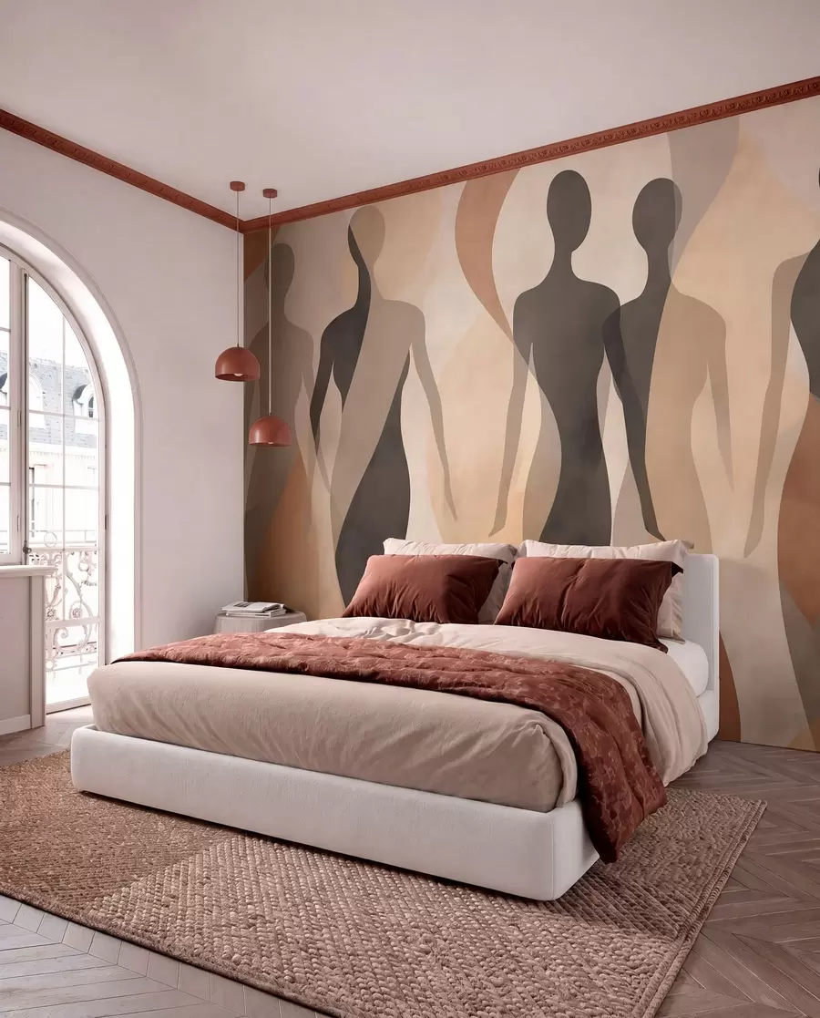 murales de pared Siluetas y suaves ondas en cálidos tonos beige grisáceos w04787
