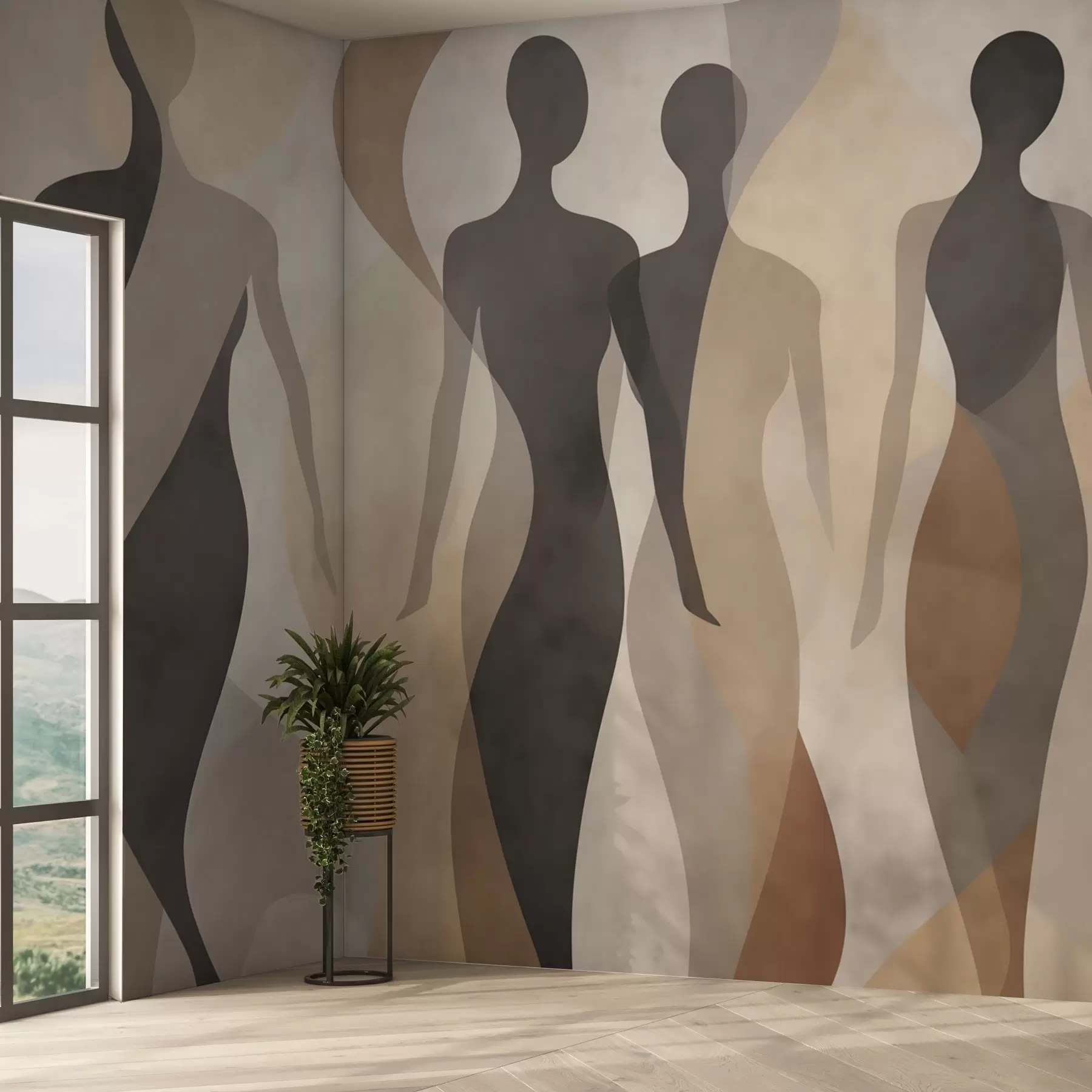 murales de pared Siluetas y suaves ondas en cálidos tonos beige grisáceos w04787