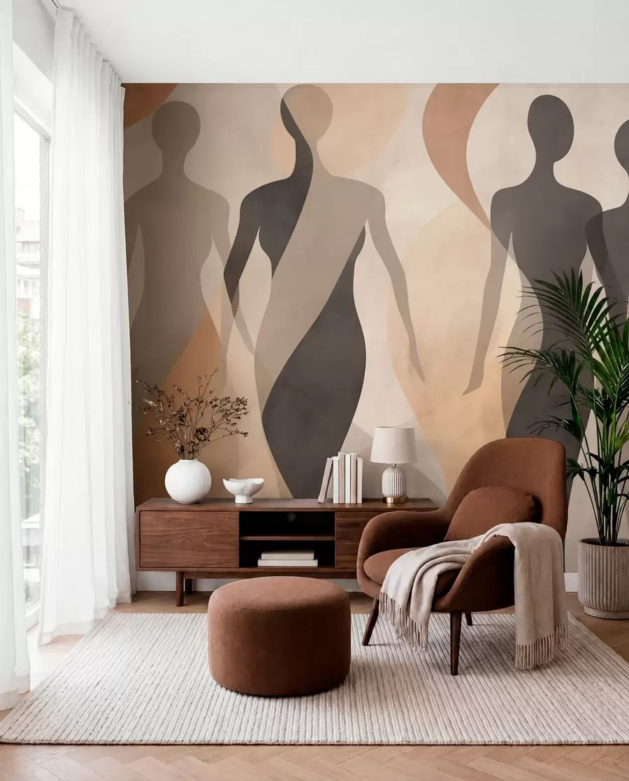 murales de pared Siluetas y suaves ondas en cálidos tonos beige grisáceos w04787