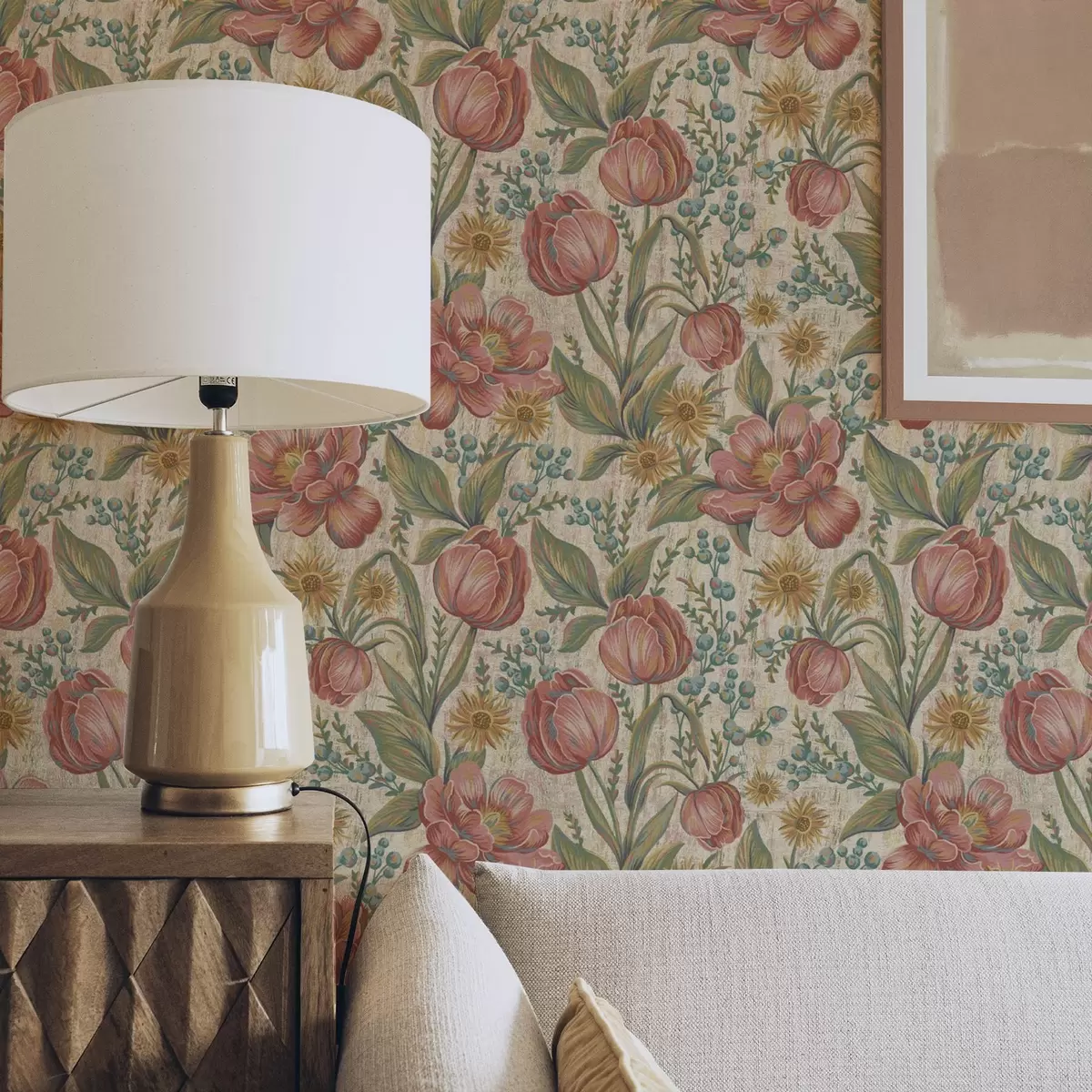 Papel pintado Tulipanes y ásteres vintage, fondo crema texturizado a00773