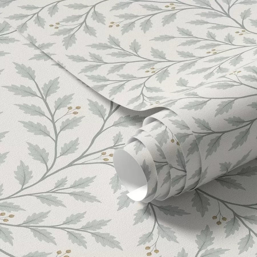 murales de pared Ramitas con hojas y bayas, crema clara y salvia a00783