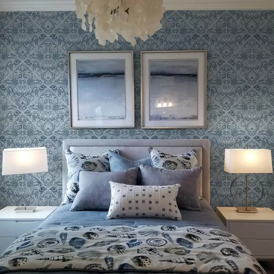 murales de pared Damasco clásico, azul oscuro sobre azul claro. a00826