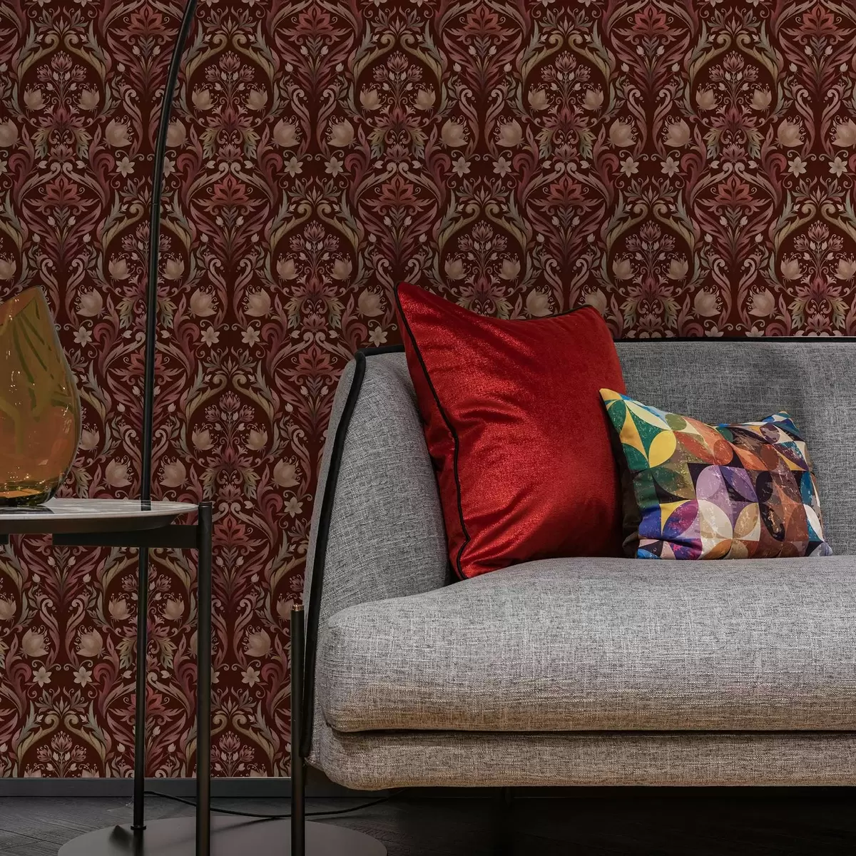 Papel pintado Adorno de tulipán, fondo burdeos intenso a00827v2