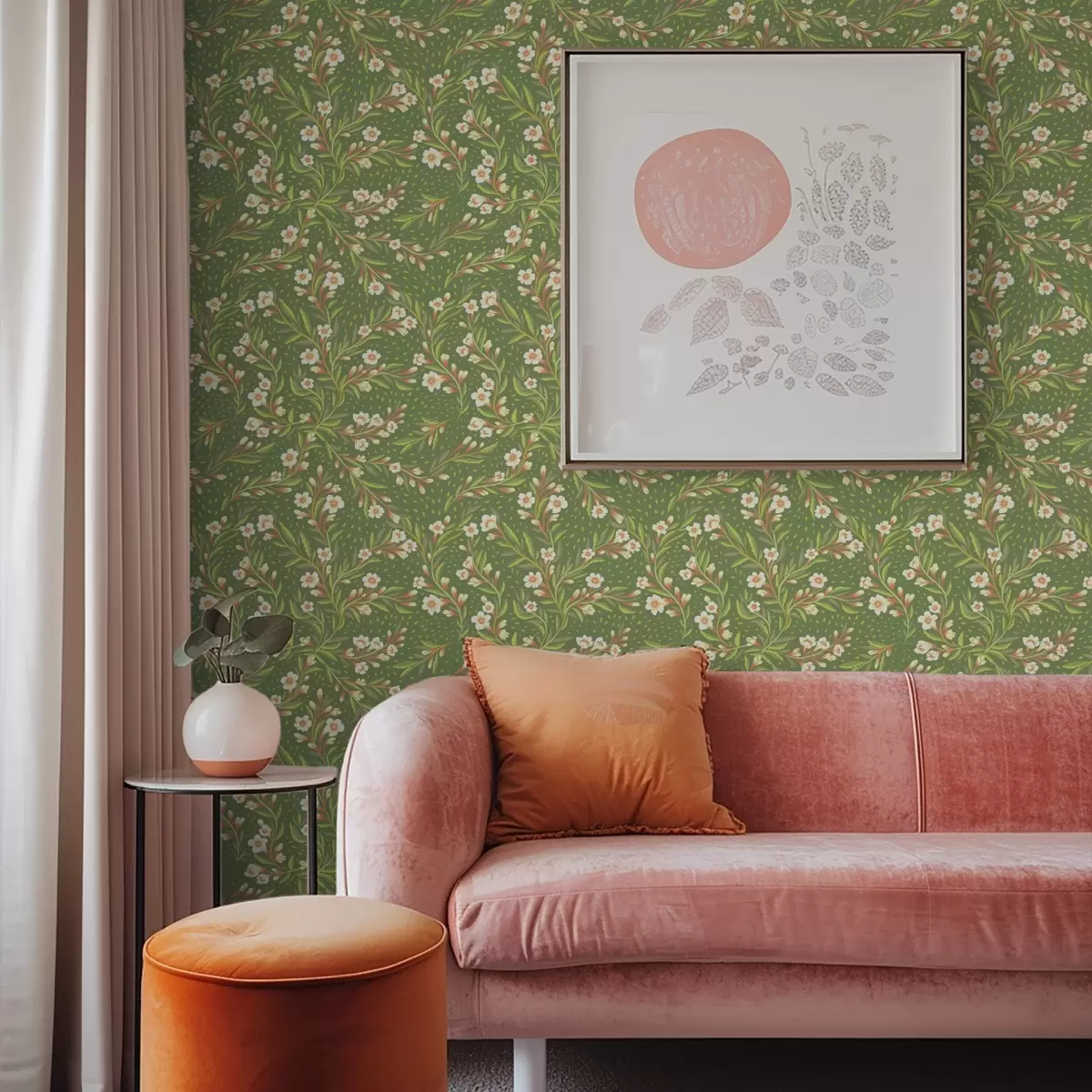 murales de pared Ramas con flores color crema sobre fondo oliva. a00850