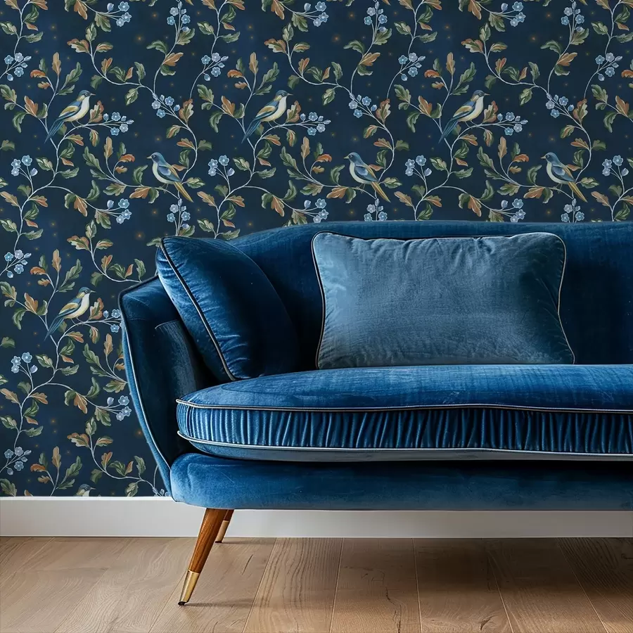 murales de pared Tetas en ramas, fondo azul nocturno con chispas a00858