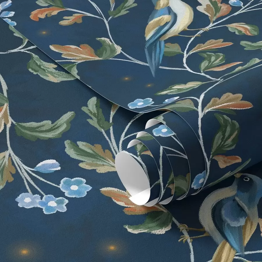 murales de pared Tetas en ramas, fondo azul nocturno con chispas a00858