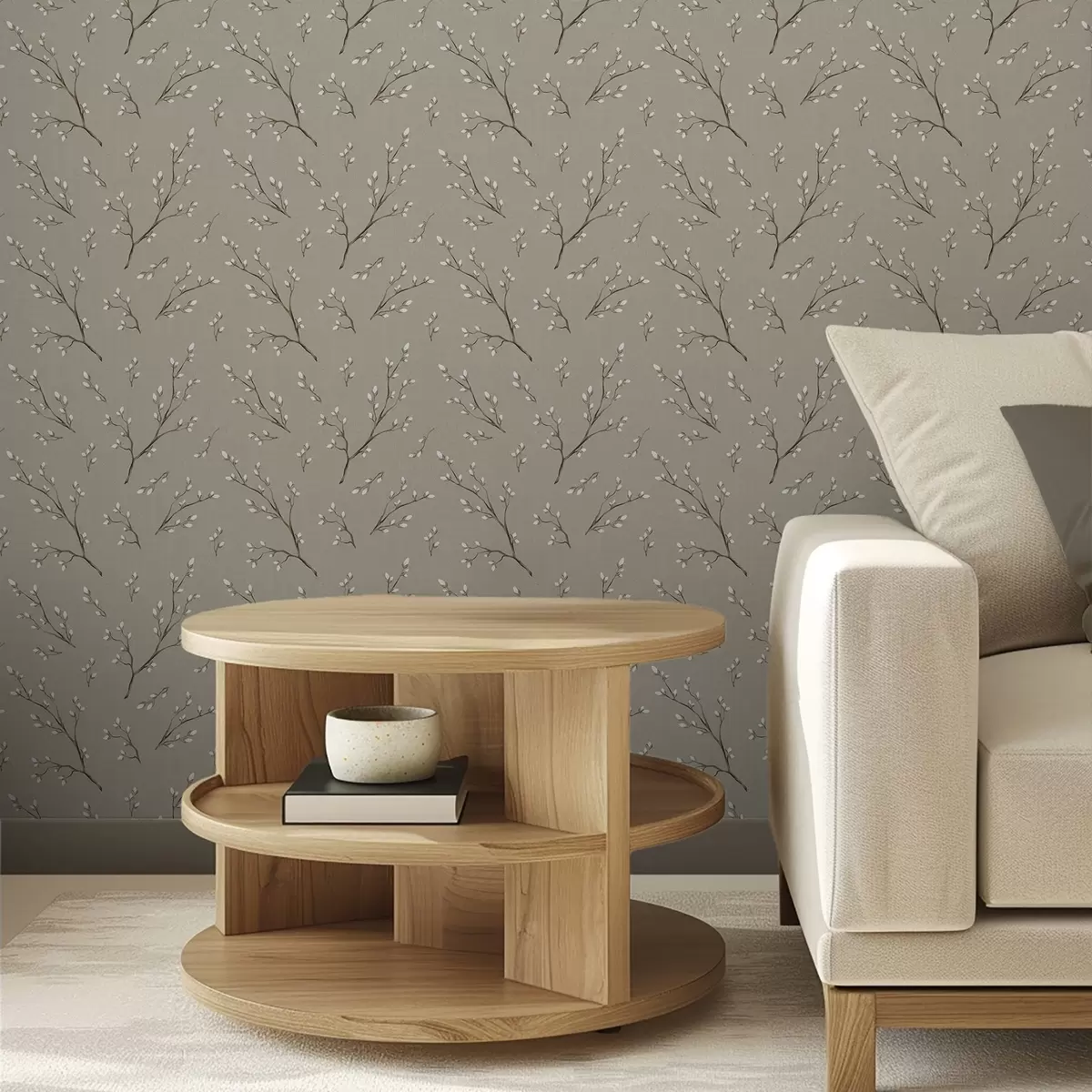 Papel pintado Ramitas con brotes blancos sobre fondo gris topo lino a00861