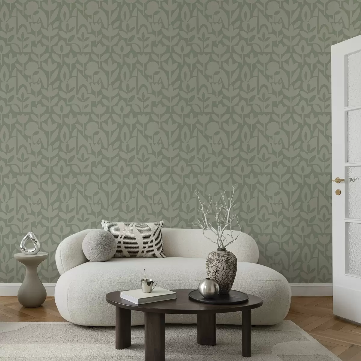 murales de pared Siluetas florales geométricas en suave color salvia. a00875v1