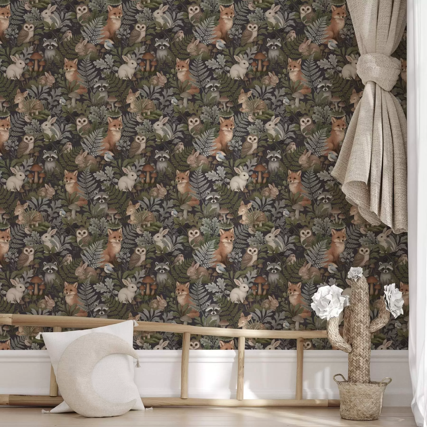 murales de pared Animales del bosque y helechos sobre carbón oscuro a00880