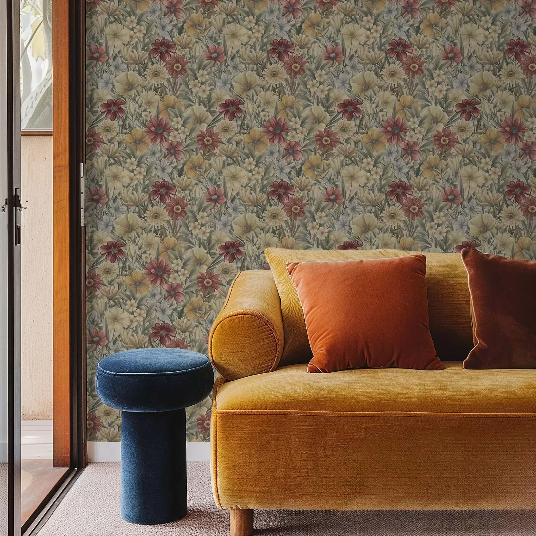 murales de pared Flores de pradera vintage en cálidos tonos amarillos, rojos y salvia a00906