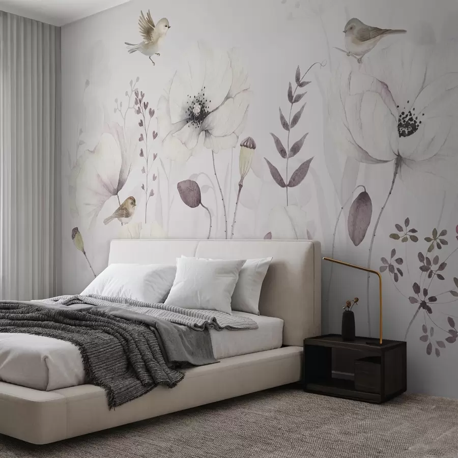 murales de pared Amapolas acuareladas con pequeños pájaros en suave color malva w04861