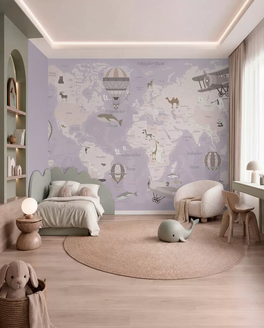 murales de pared Mapa del mundo para niños con animales, aviones y globos aerostáticos. En alemán. Color morado. c00003dev4