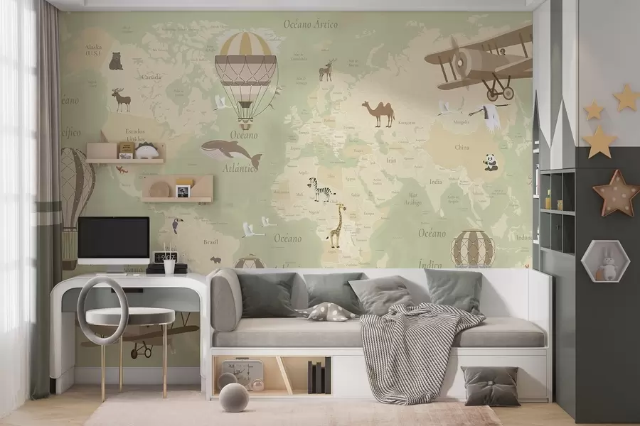 murales de pared Mapa mundial infantil con animales, aviones y globos aerostáticos. En español. Color verde. c00003esv2