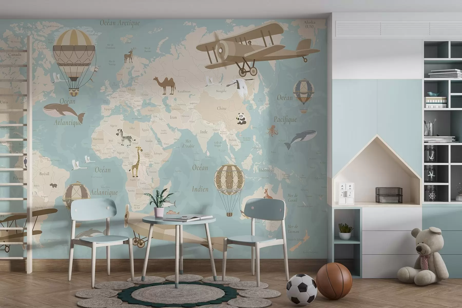 murales de pared Mapa del mundo para niños con animales, aviones y globos aerostáticos. En francés. Color azul. c00003frv1