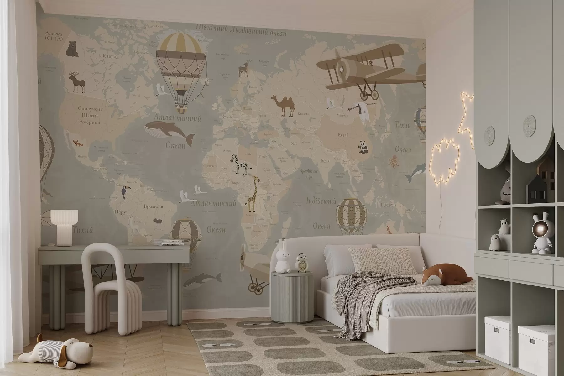 murales de pared Mapa del mundo para niños con animales, aviones y globos aerostáticos. Idioma ucraniano. Color beige. c00003uk
