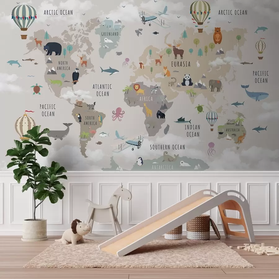 murales de pared Mapa mundial infantil con animales y globos aerostáticos. Idioma inglés c00002en