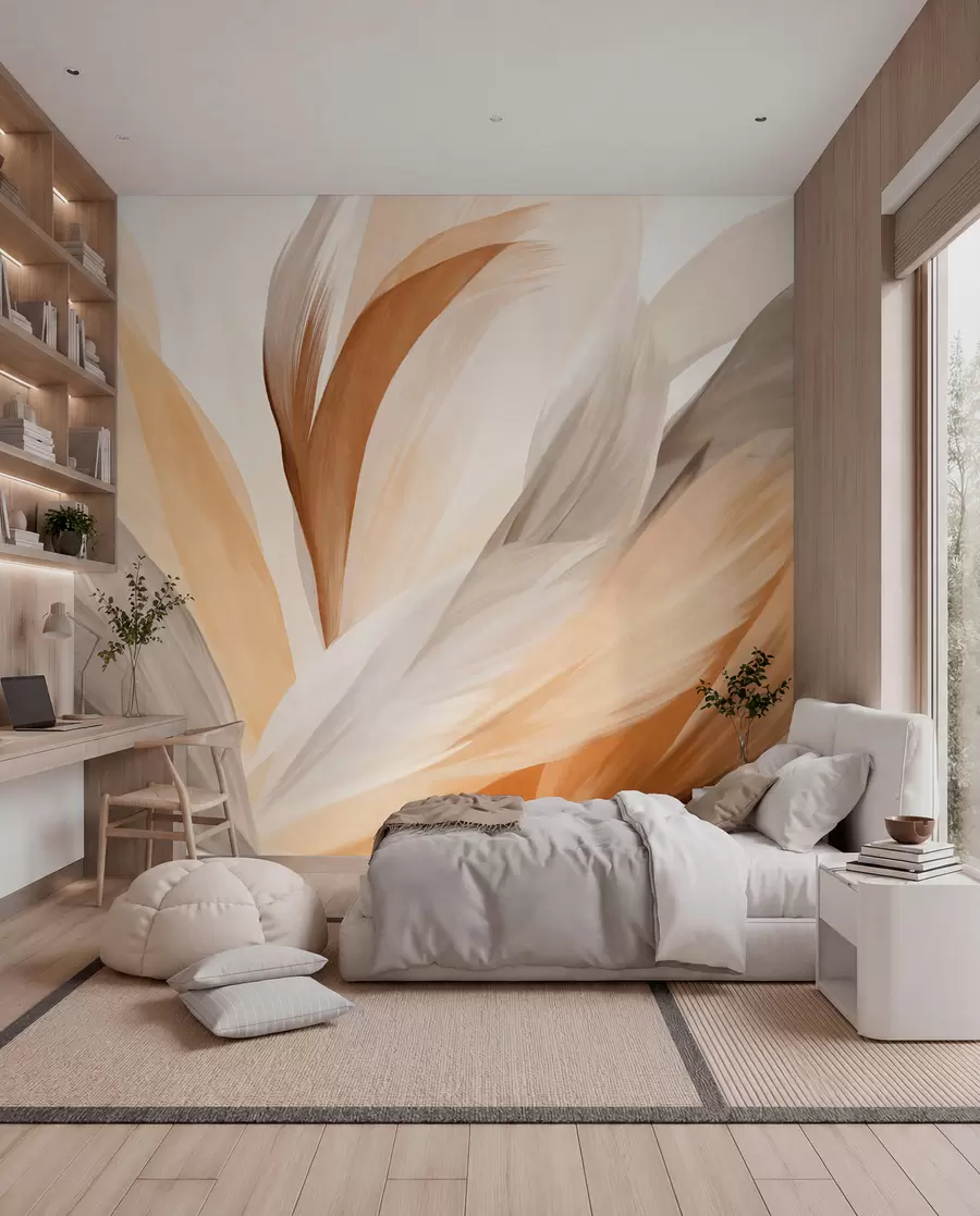 murales de pared Plumas abstractas con textura en marrón, blanco y gris y varios tonos, superpuestas sobre un fondo blanco w09531