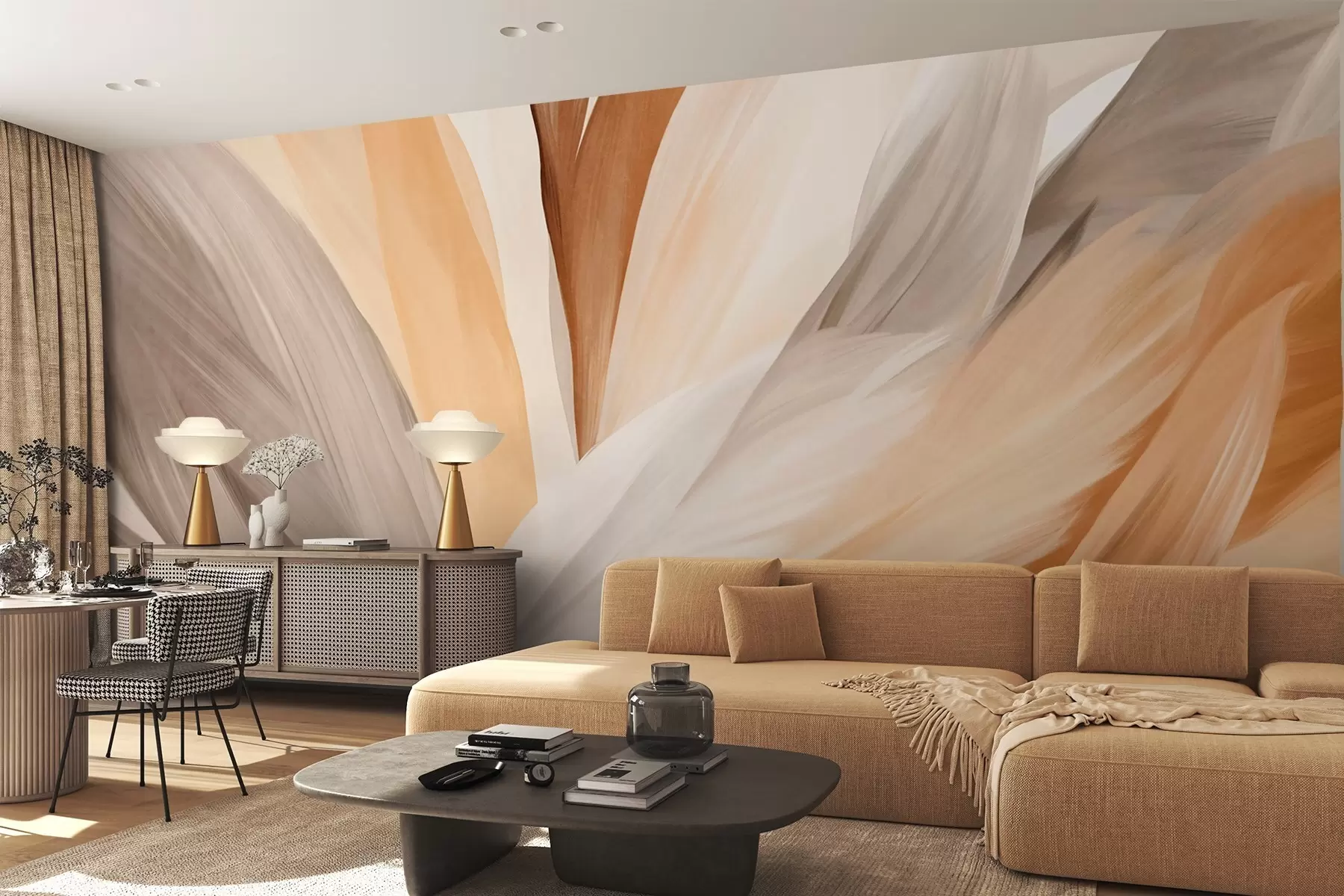 murales de pared Plumas abstractas con textura en marrón, blanco y gris y varios tonos, superpuestas sobre un fondo blanco w09531