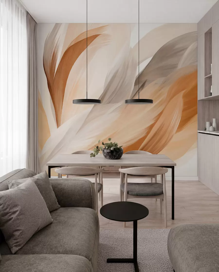 murales de pared Plumas abstractas con textura en marrón, blanco y gris y varios tonos, superpuestas sobre un fondo blanco w09531