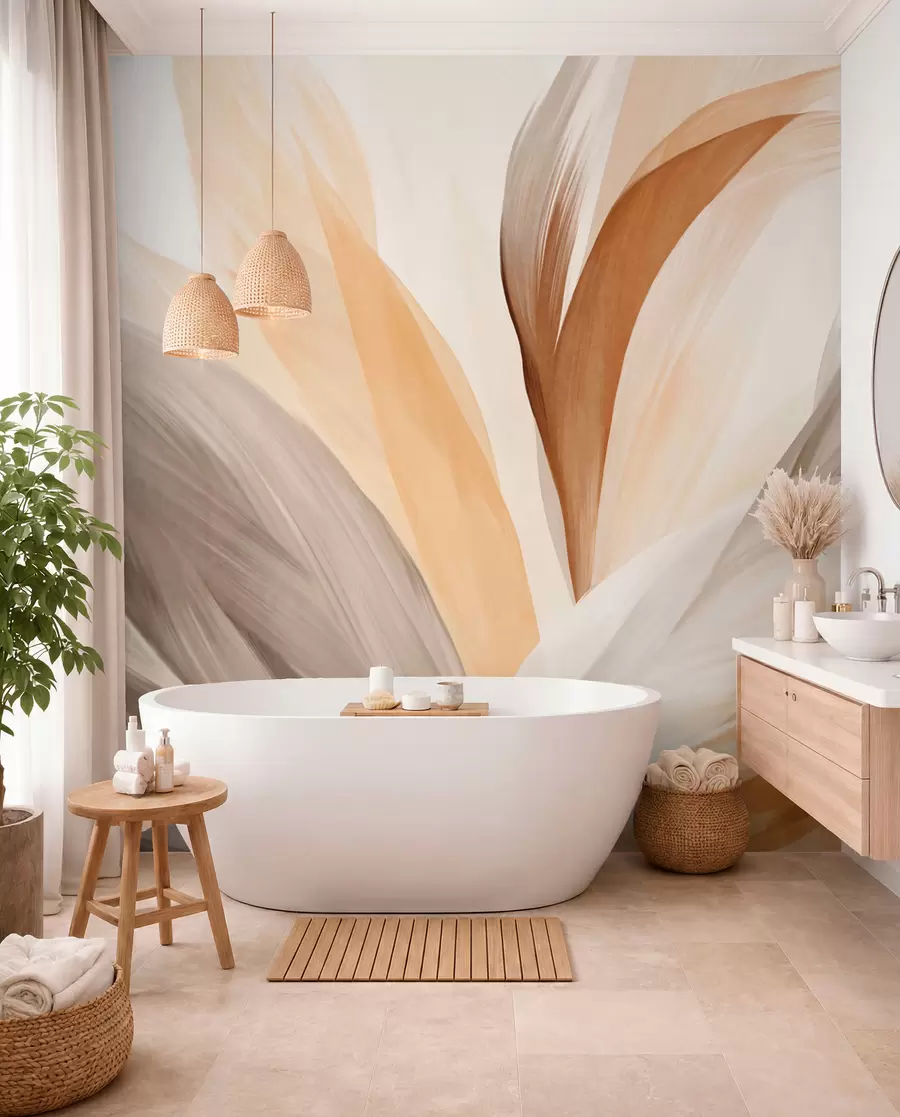murales de pared Plumas abstractas con textura en marrón, blanco y gris y varios tonos, superpuestas sobre un fondo blanco w09531