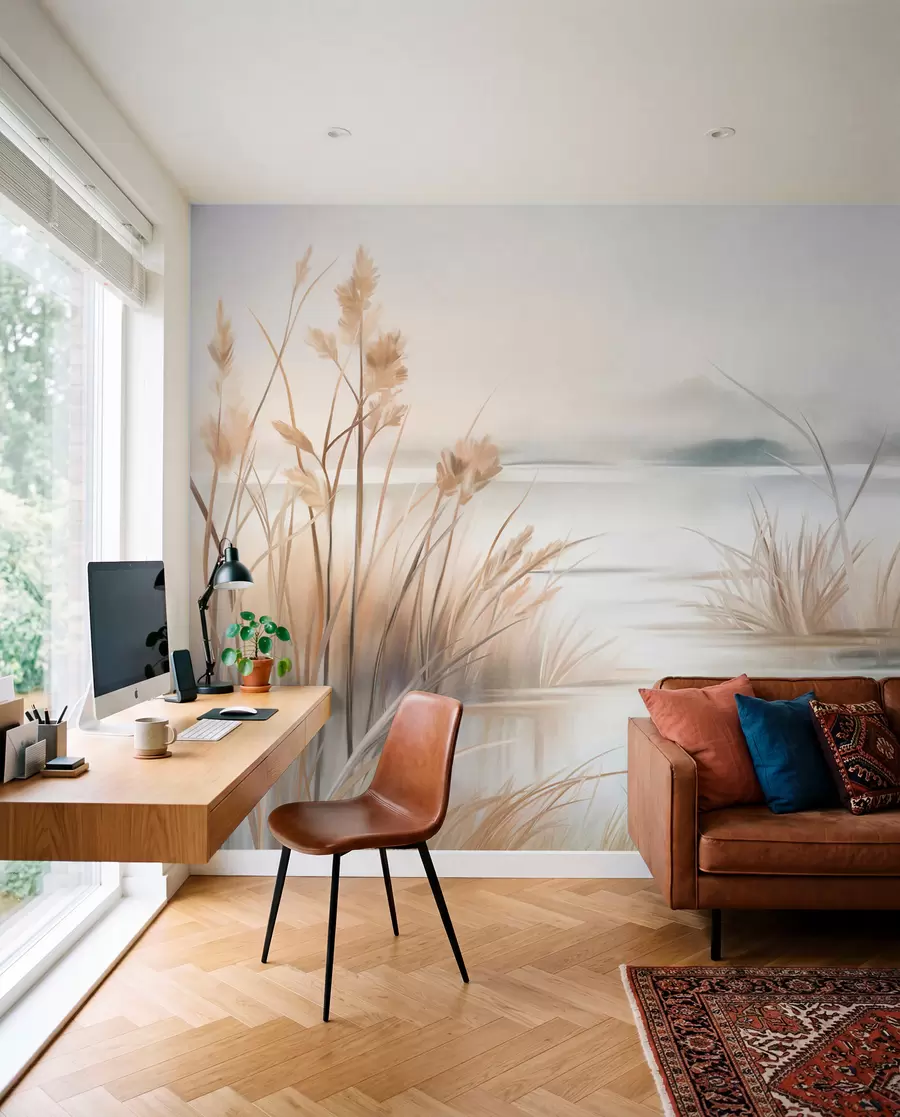 murales de pared Paisaje con un lago y hierba alta en primer plano, montañas al fondo, colores suaves, textura w09534