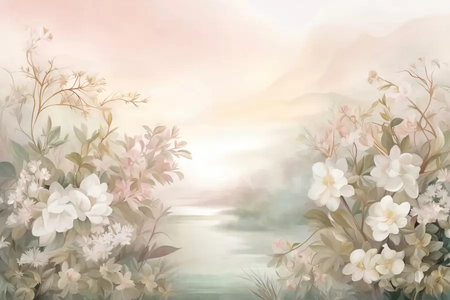 murales de pared Un paisaje con un río rodeado de flores y plantas, colores suaves, cielo rosado, estilo con textura de acuarela w09537