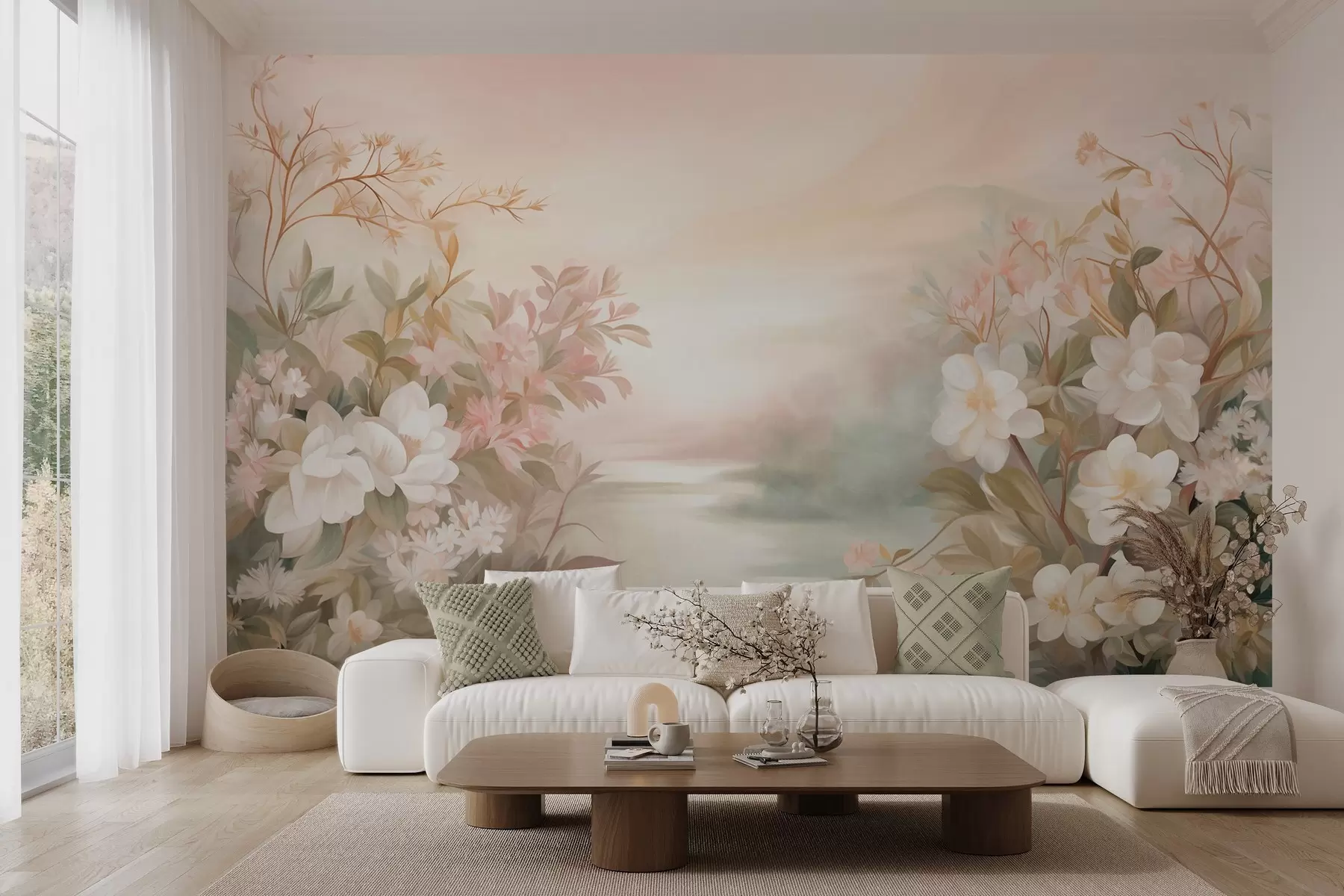 murales de pared Un paisaje con un río rodeado de flores y plantas, colores suaves, cielo rosado, estilo con textura de acuarela w09537