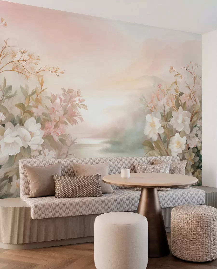 murales de pared Un paisaje con un río rodeado de flores y plantas, colores suaves, cielo rosado, estilo con textura de acuarela w09537