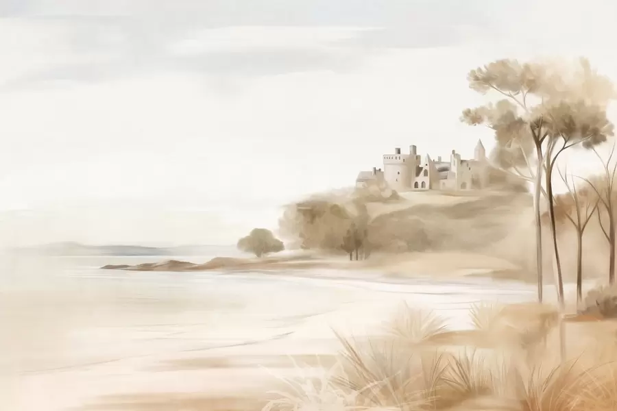 murales de pared Paisaje con un castillo en una colina cerca del mar, una playa de arena en primer plano, colores apagados, arte texturizado w09540