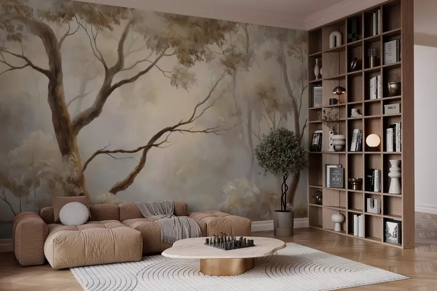 murales de pared El bosque envuelto en la ligera niebla matinal. Una delicada pintura atmosférica al estilo de un paisaje artístico w04817