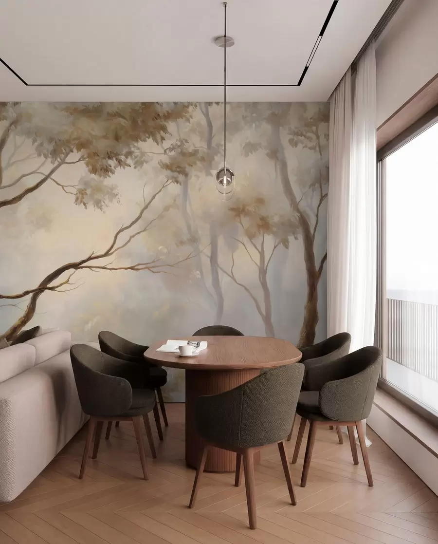 murales de pared El bosque envuelto en la ligera niebla matinal. Una delicada pintura atmosférica al estilo de un paisaje artístico w04817