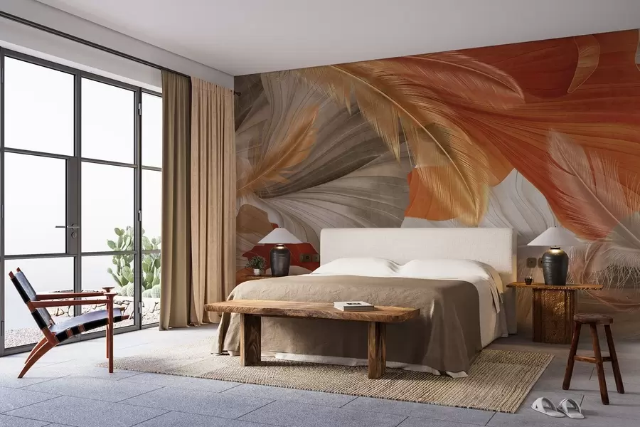 murales de pared Formas abstractas grandes y fluidas con textura en colores crema y óxido con delicadas plumas amarillas, beige y marrones w09549