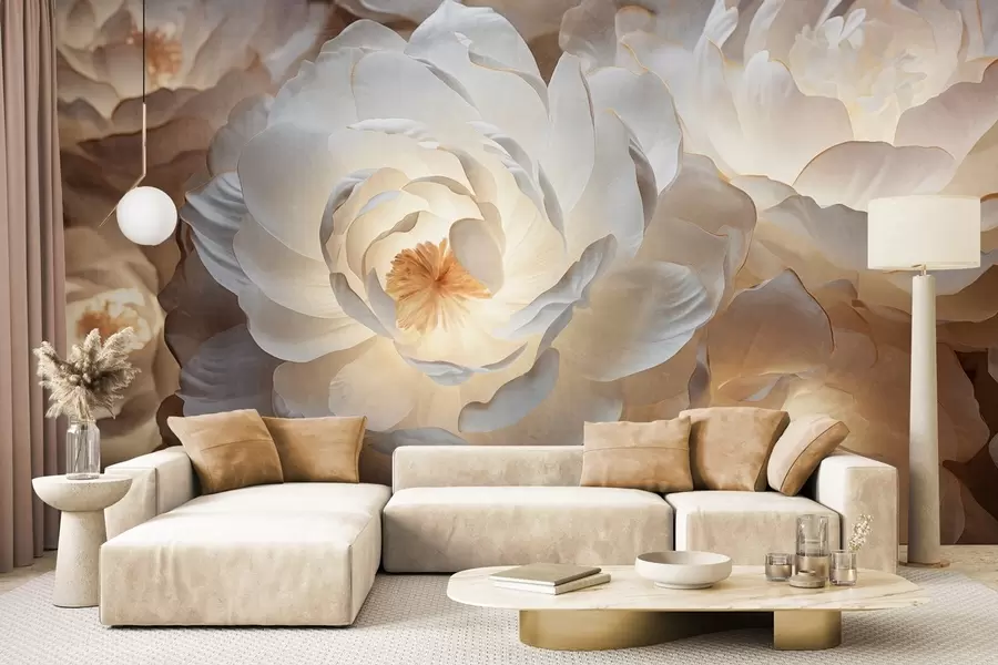 murales de pared Grandes flores de peonía blancas con centros amarillos, iluminación suave y pétalos delicados con textura en capas. w09550