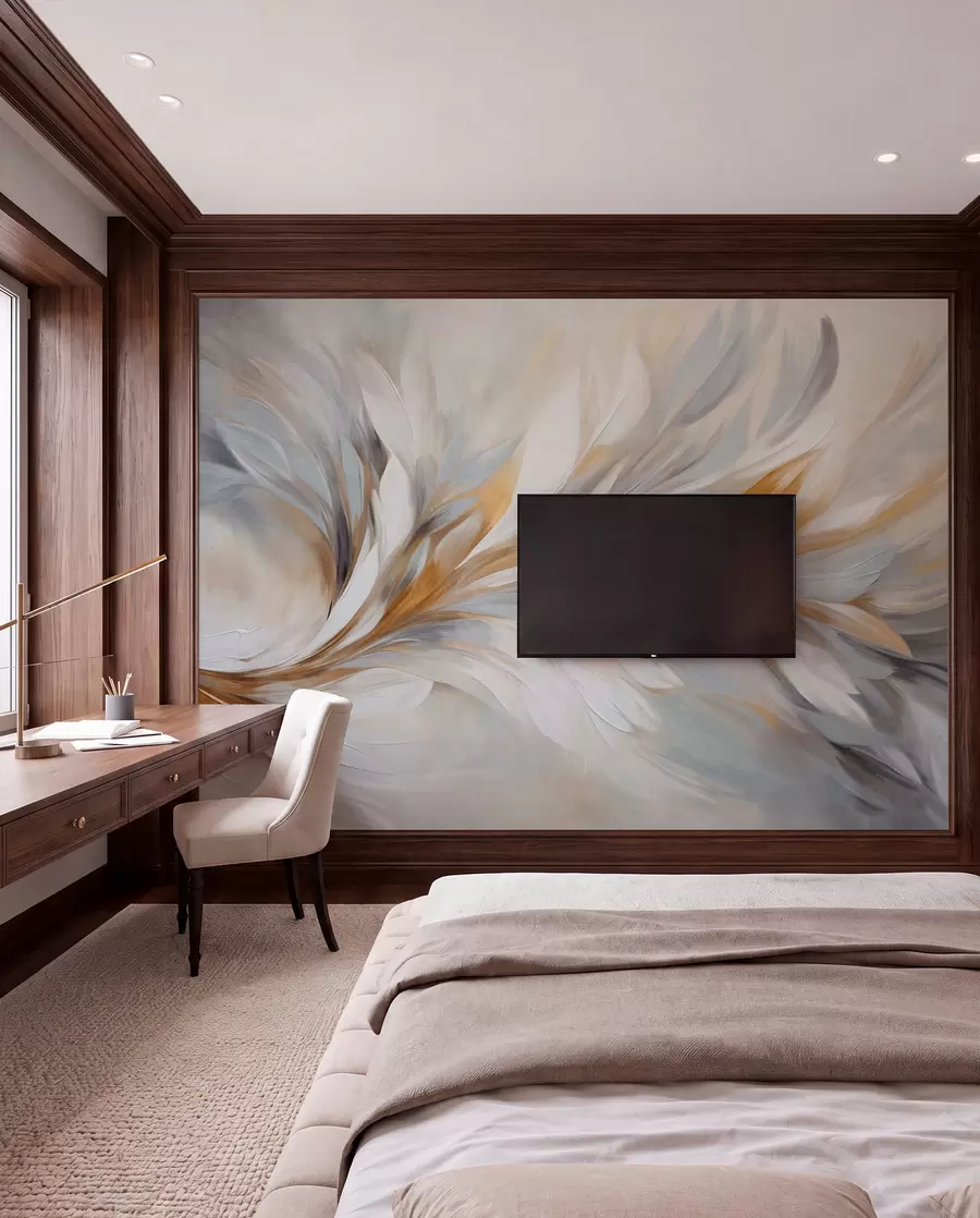 murales de pared Estilo de pintura abstracta con pinceladas texturizadas en blanco, amarillo y gris sobre un fondo suave y claro w09552