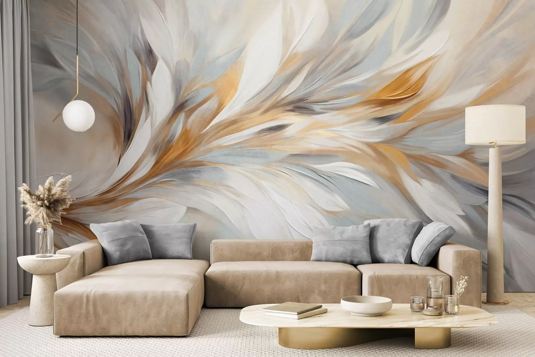 murales de pared Estilo de pintura abstracta con pinceladas texturizadas en blanco, amarillo y gris sobre un fondo suave y claro w09552