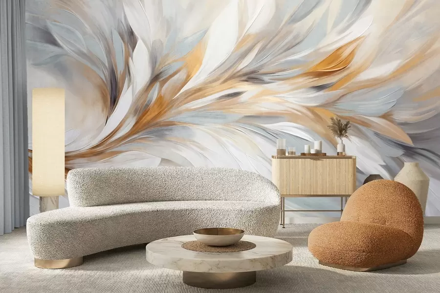 murales de pared Estilo de pintura abstracta con pinceladas texturizadas en blanco, amarillo y gris sobre un fondo suave y claro w09552