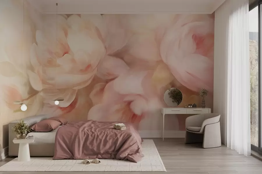 murales de pared Peonías difuminadas en rosa pálido y crema con suaves pinceladas pictóricas, creando un arreglo floral con textura. w09556