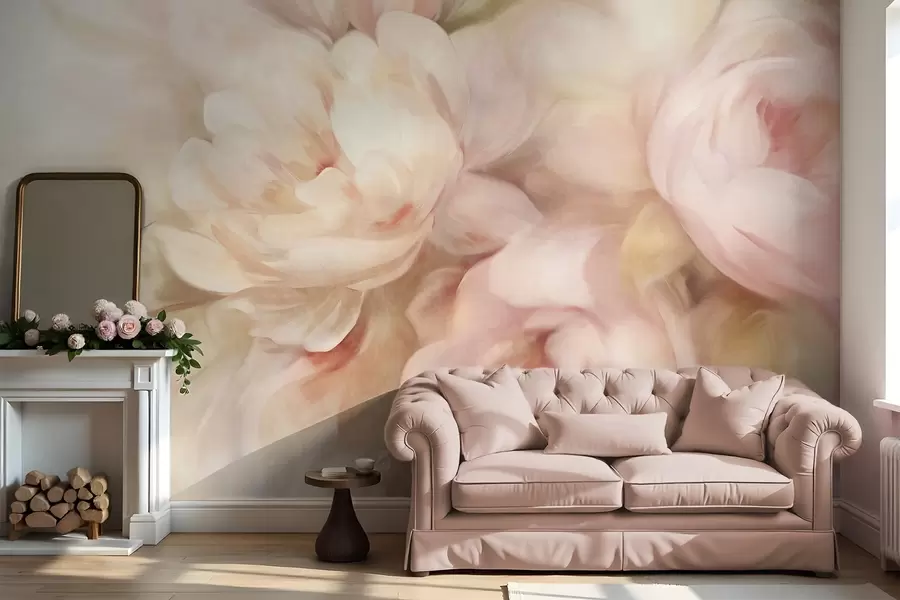 murales de pared Peonías difuminadas en rosa pálido y crema con suaves pinceladas pictóricas, creando un arreglo floral con textura w09556