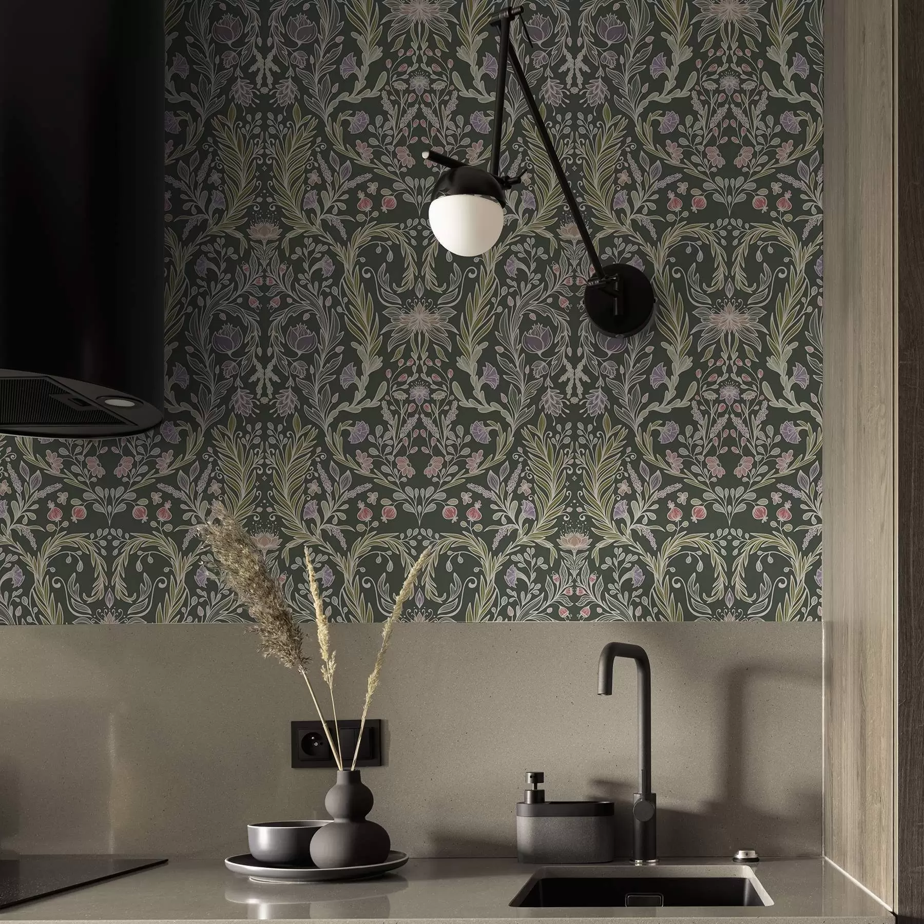 murales de pared Adorno floral simétrico sobre fondo verde oscuro a00928