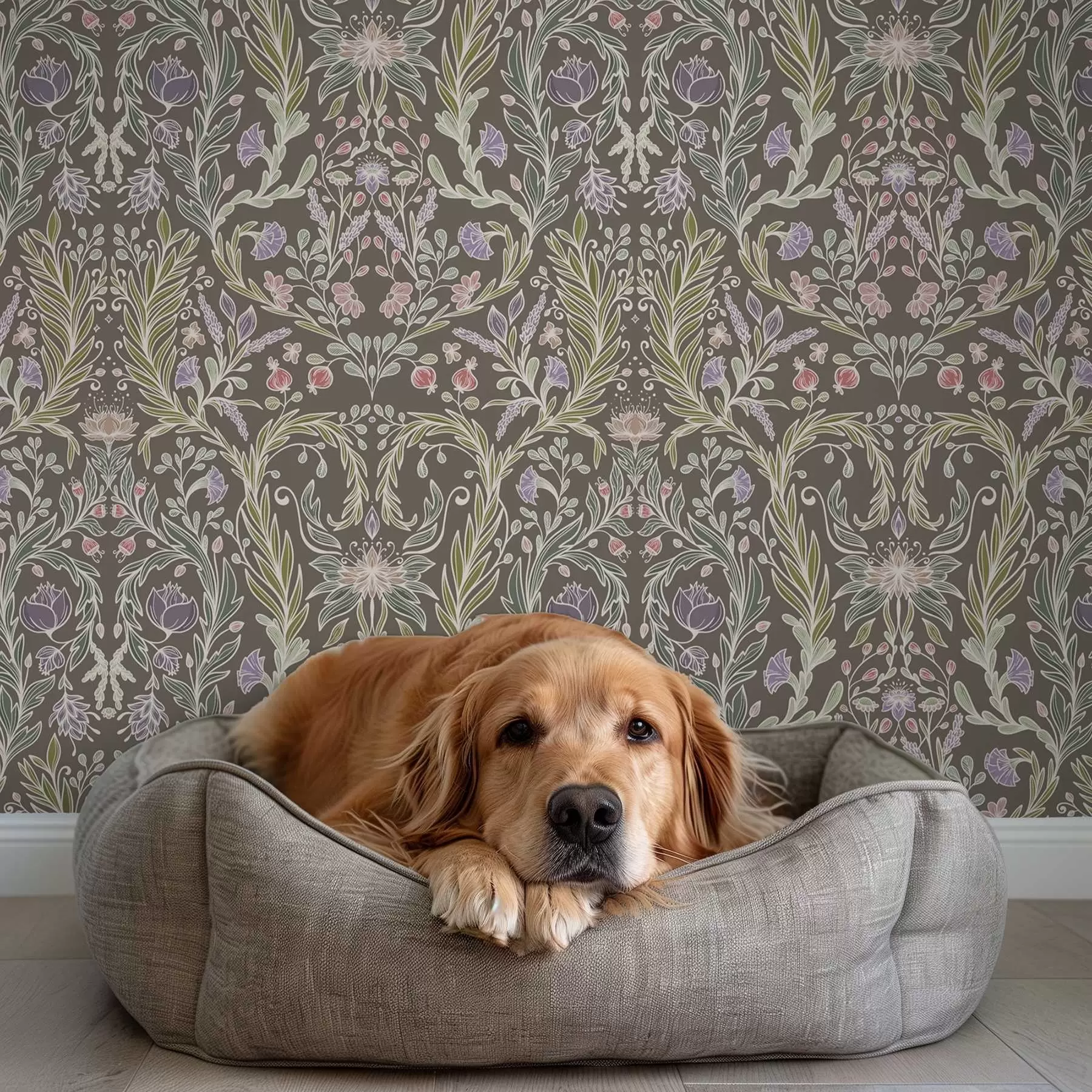 murales de pared Flores y hojas simétricas sobre un fondo gris marrón a00928v2