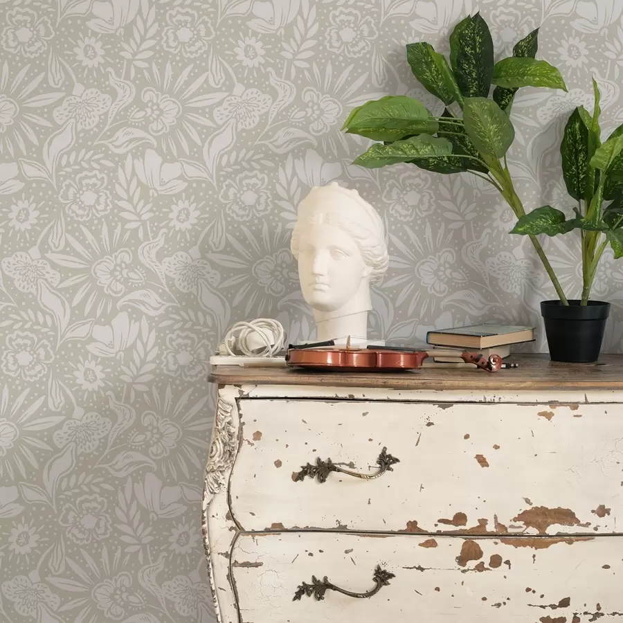 murales de pared Adorno floral lineal blanco sobre fondo beige. a00956