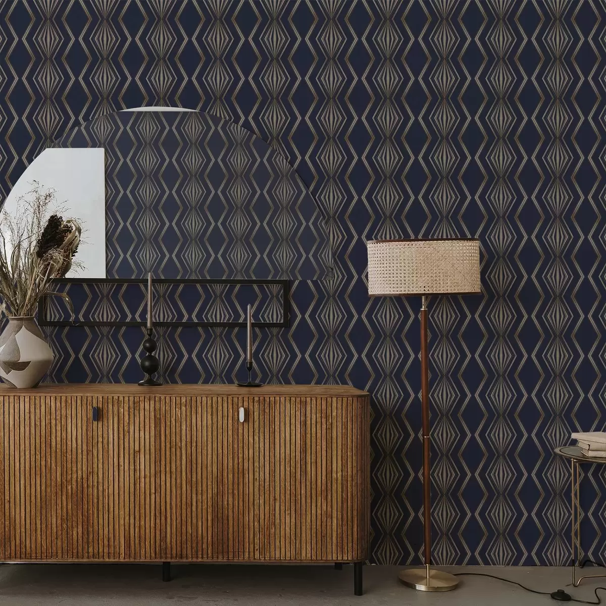 Papel pintado Fondo azul oscuro con rombos geométricos y zigzags. a00974v2