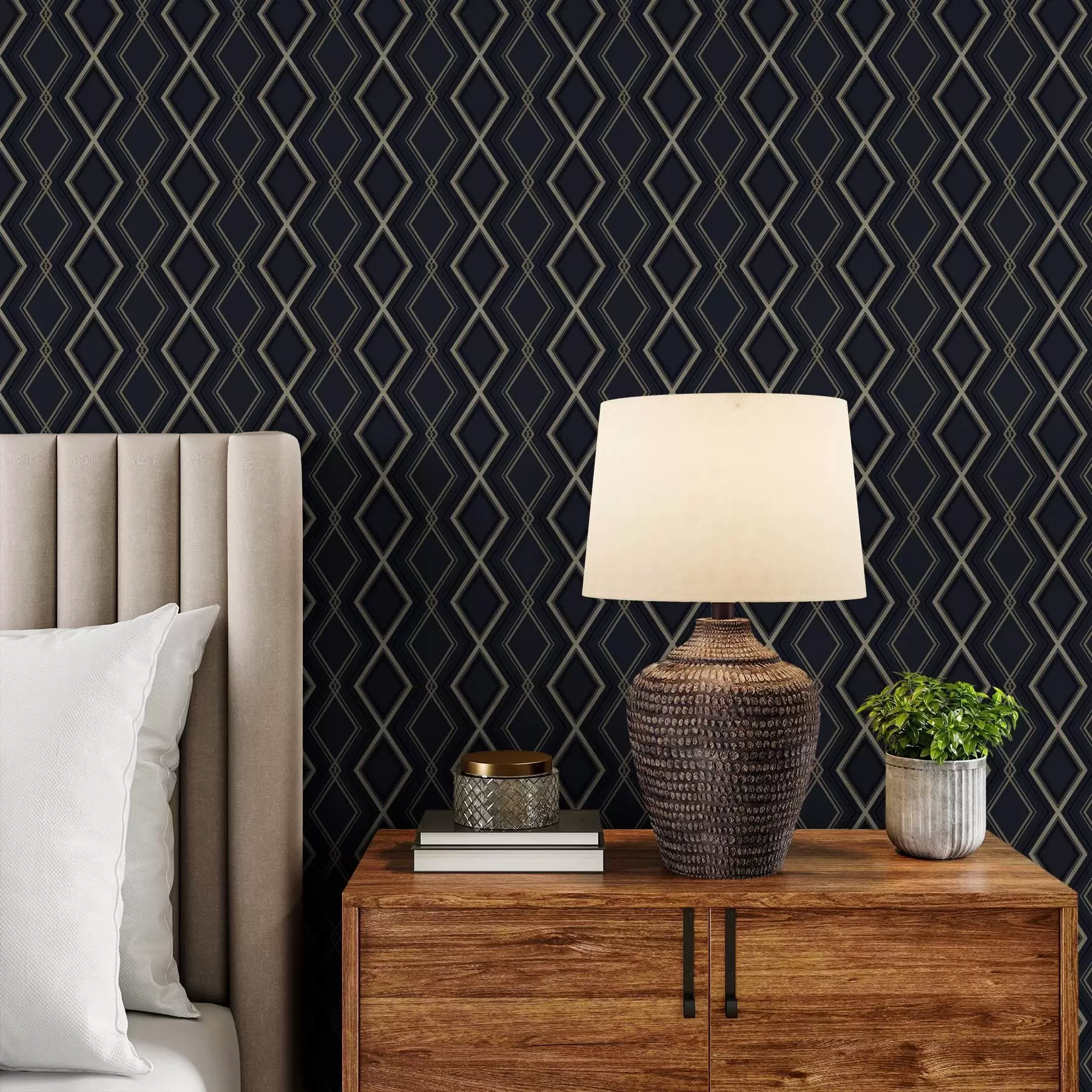 murales de pared Cuadrícula de rombos azul oscuro con finas líneas claras a00975