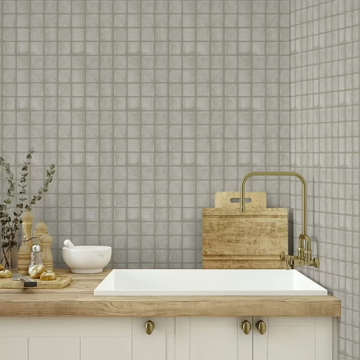 Papel pintado Imitación de baldosas cuadradas en una suave paleta de colores gris verdosos. a00988