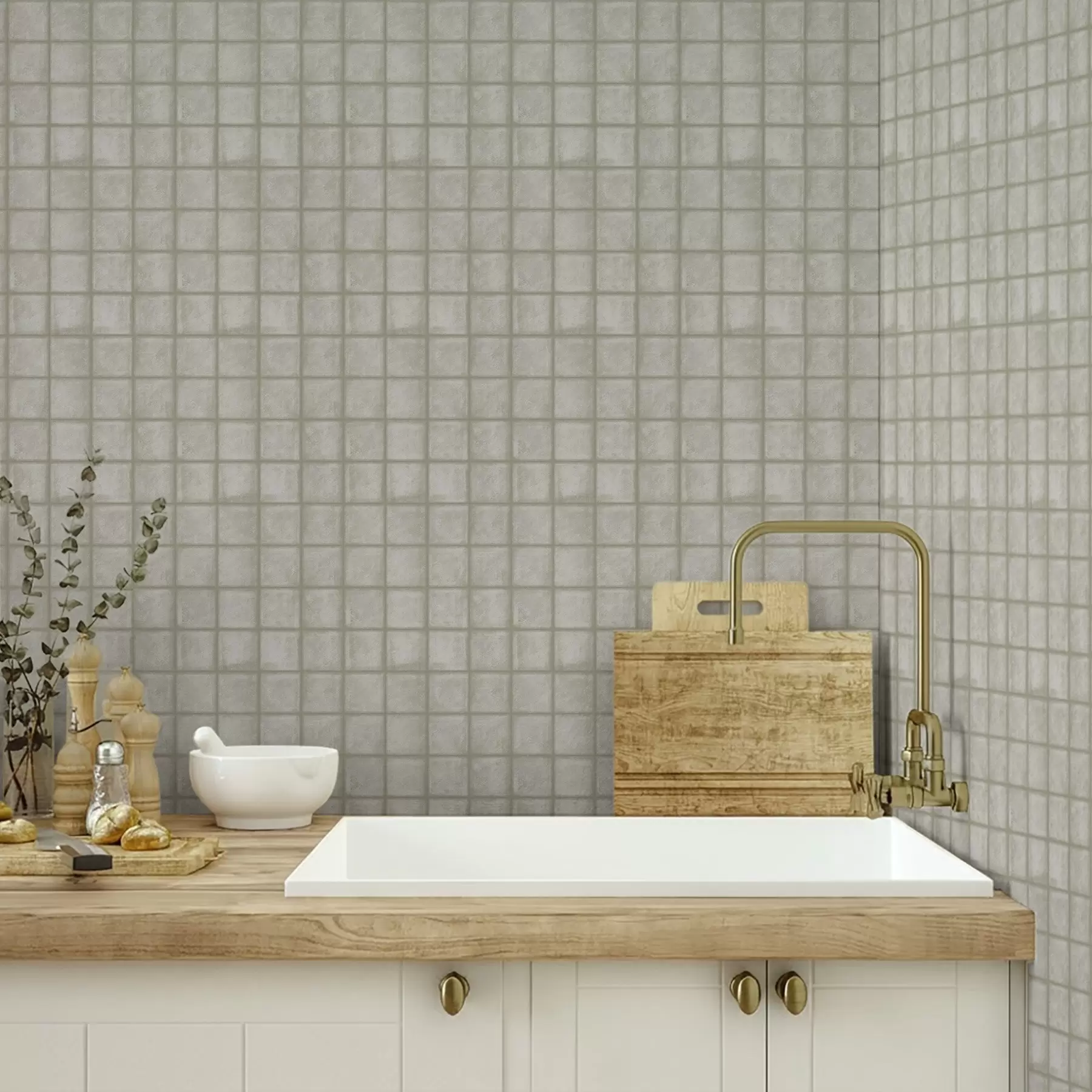 murales de pared Imitación de baldosas cuadradas en una suave paleta de colores gris verdosos a00988