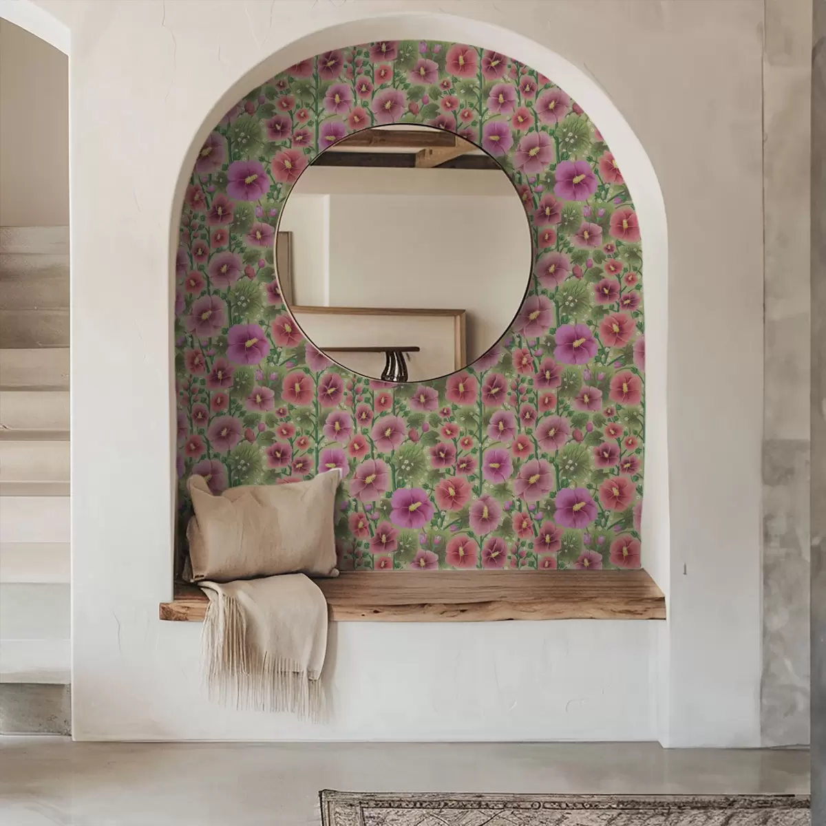 Papel pintado Grandes flores y hojas de hibisco sobre un fondo verde oscuro. a00993