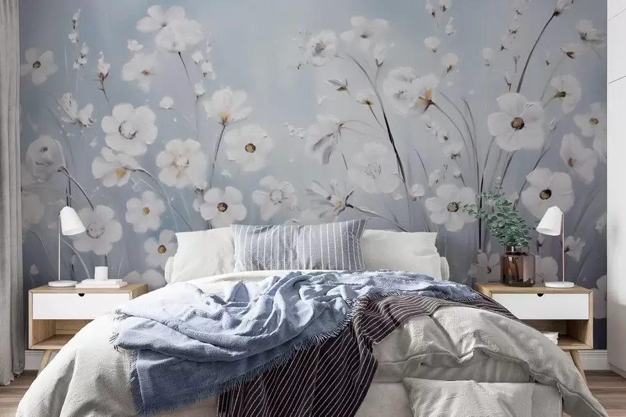 murales de pared Flores blancas contra un cielo azul en estilo pintura al óleo w09516