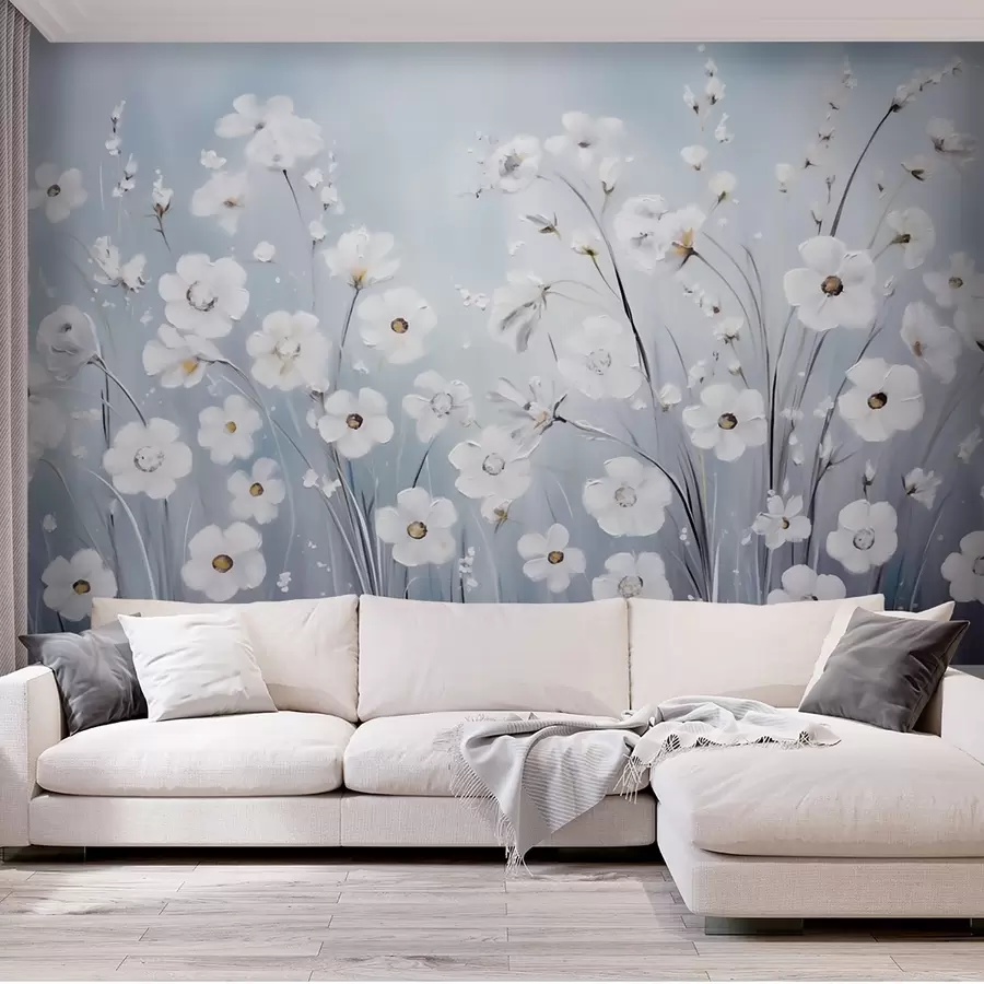 murales de pared Flores blancas contra un cielo azul en estilo pintura al óleo w09516