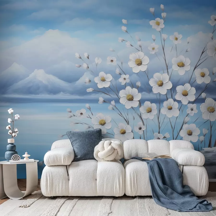 murales de pared Flores blancas primaverales junto a un lago helado con montañas nevadas, pintadas al óleo. w09526